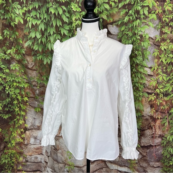 J. CREW White Cotton Ruffled Half Placket Blouse, M - Picture 2 of 15